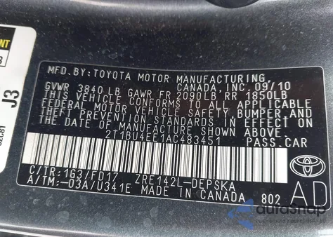 2010 Toyota Corolla S from USA, damaged, VIN 2T1BU4EE1AC483451